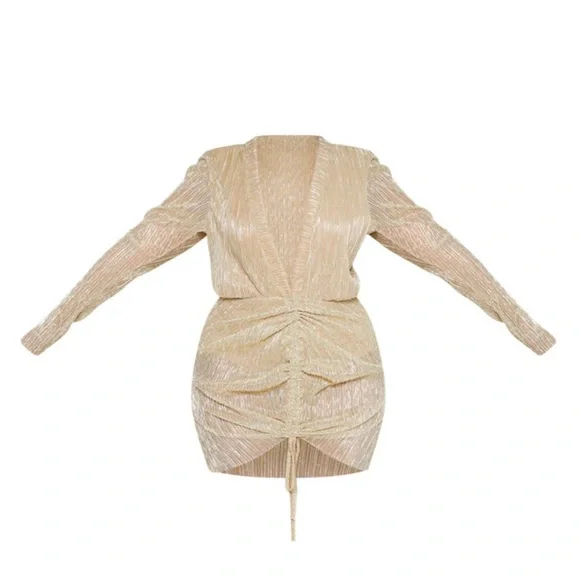 PrettyLittleThing | Dresses | Gold Plisse Ruched Detail Bodycon Dress